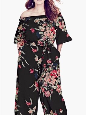 🌺🌸City Chic Black Off-Shoulder ‘Misty Floral’ Wide-Leg Jumpsuit Plus Small/16W🌸🌺